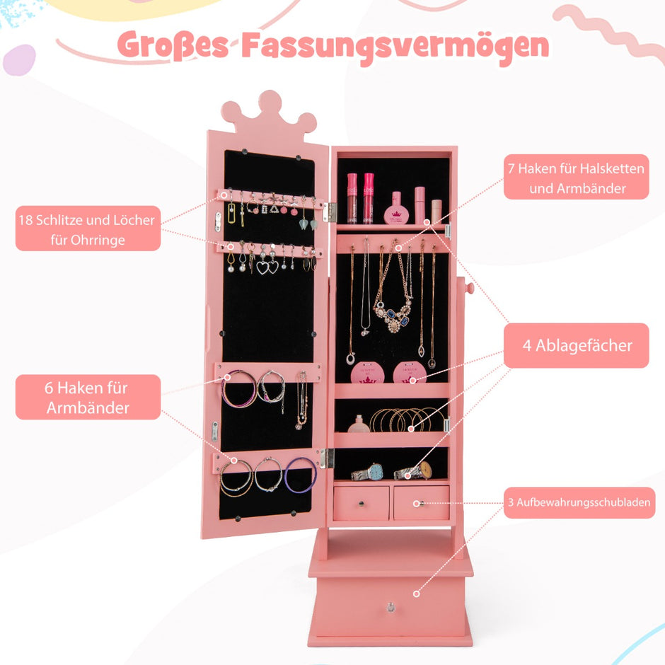 Smyckesskåp – för barn med fullängdsspegel och lutningsvinklar lådor – 2 3 – Rosa