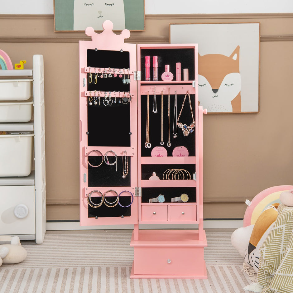 Smyckesskåp – för barn med fullängdsspegel och lutningsvinklar lådor – 2 3 – Rosa