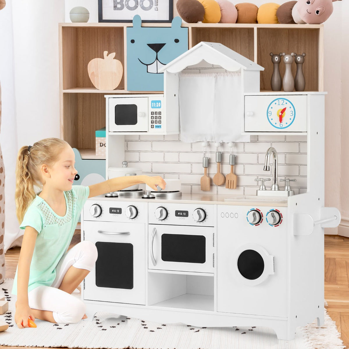 Barnkök – inklusive lektillbehör Lekkök med tvättmaskin och mikrovågsugn – 78 x 29 x 93 cm – Vit