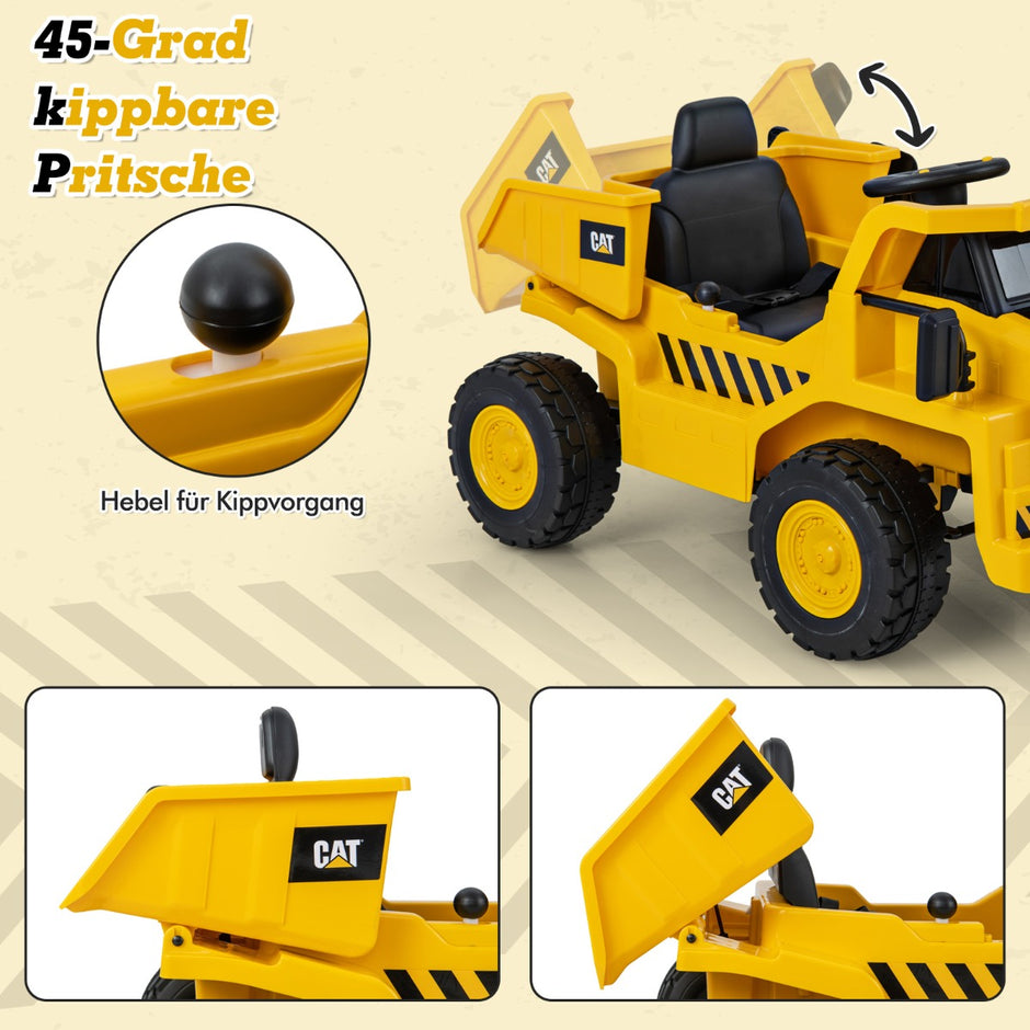 Caterpillar – elbil för barn 12V dumper att sitta på med sandskyffel och tippbädd megafon – Gul