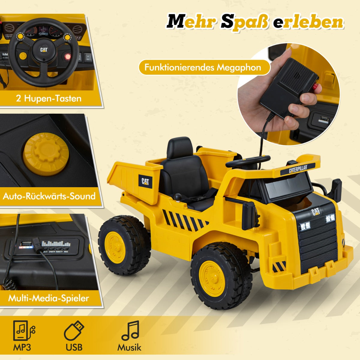 Caterpillar – elbil för barn 12V dumper att sitta på med sandskyffel och tippbädd megafon – Gul