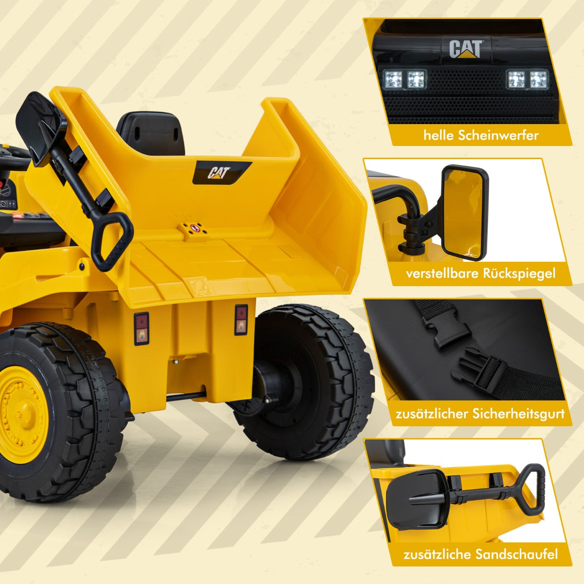 Caterpillar – elbil för barn 12V dumper att sitta på med sandskyffel och tippbädd megafon – Gul