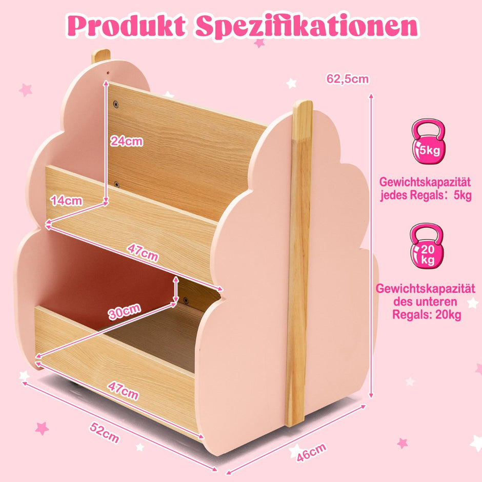 Barnbokhylla – i trä med universalhjul nivåer Leksakshylla på – 2 – Rosa