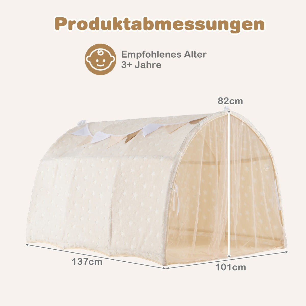Barnsängstält – med lysande stjärnor, nätgardiner och ljusslinga Magiskt lektält Sovtält – Beige