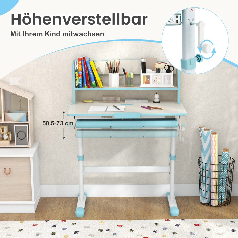 Barns – höjjusterbara skrivbord + datorstol set, studiebord, blått. – Blå