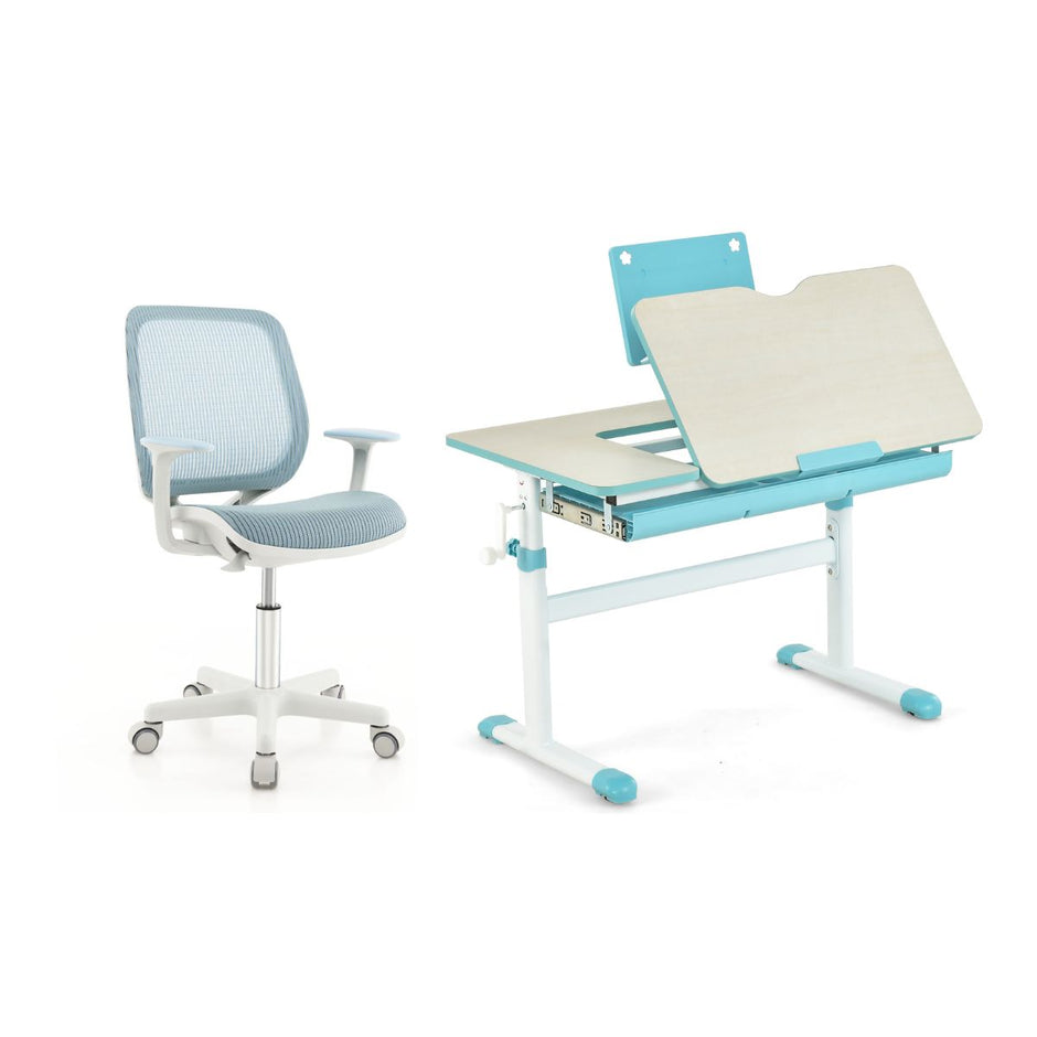 Barns – höjjusterbara skrivbord + datorstol set, studiebord, blått. – Blå