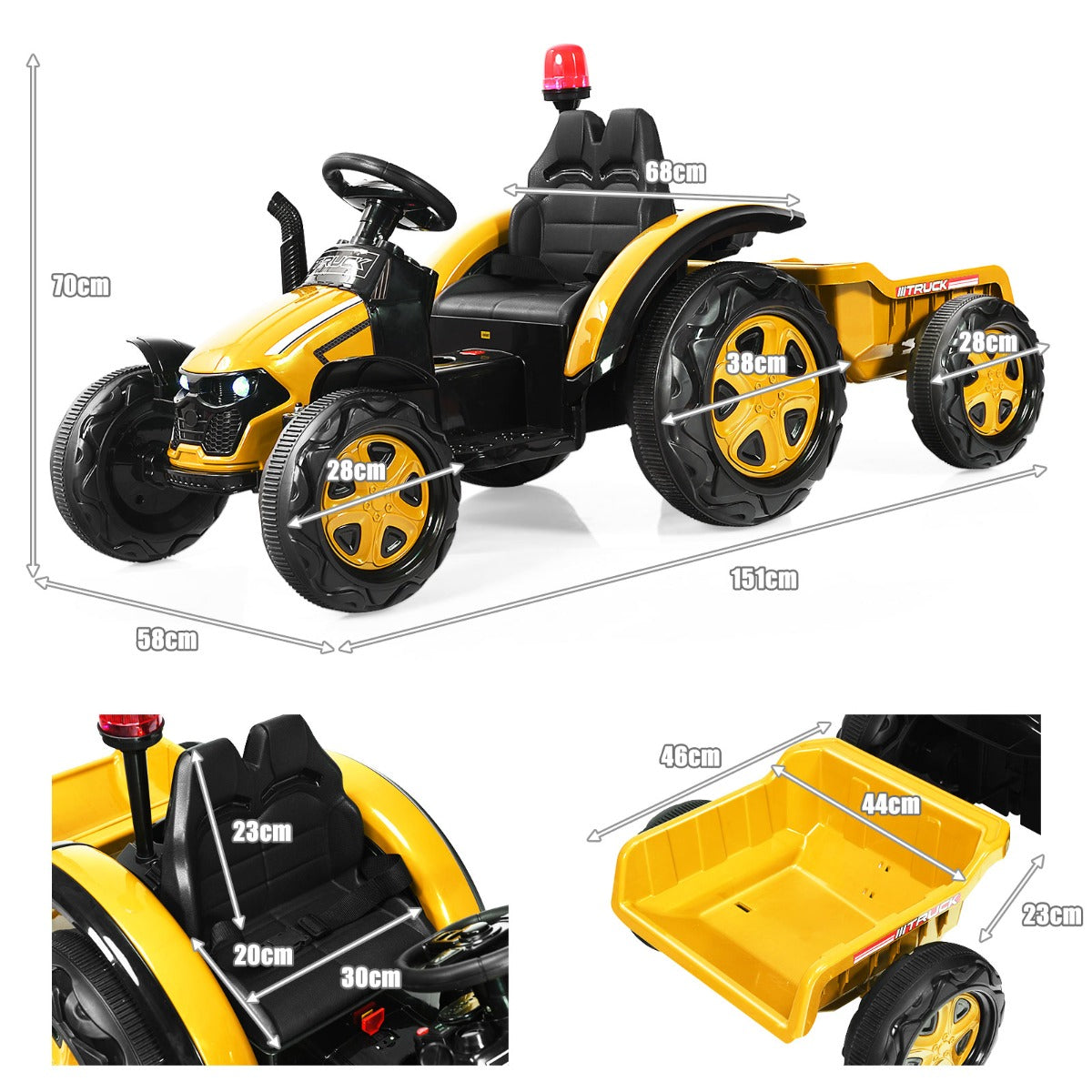 12V – traktor med 2,4G fjärrkontroll och avtagbar släpvagn för barn år – 3-8 – Gul