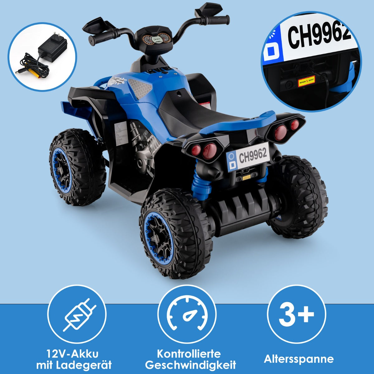 12V – Electric Kids Quad med musikhorn och LED strålkastare Blue – Blå