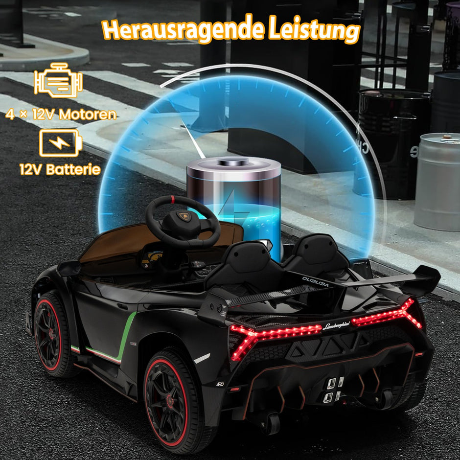 Lamborghini – elbil för barn med fjärrkontroll och LED strålkastare horn musik – Svart