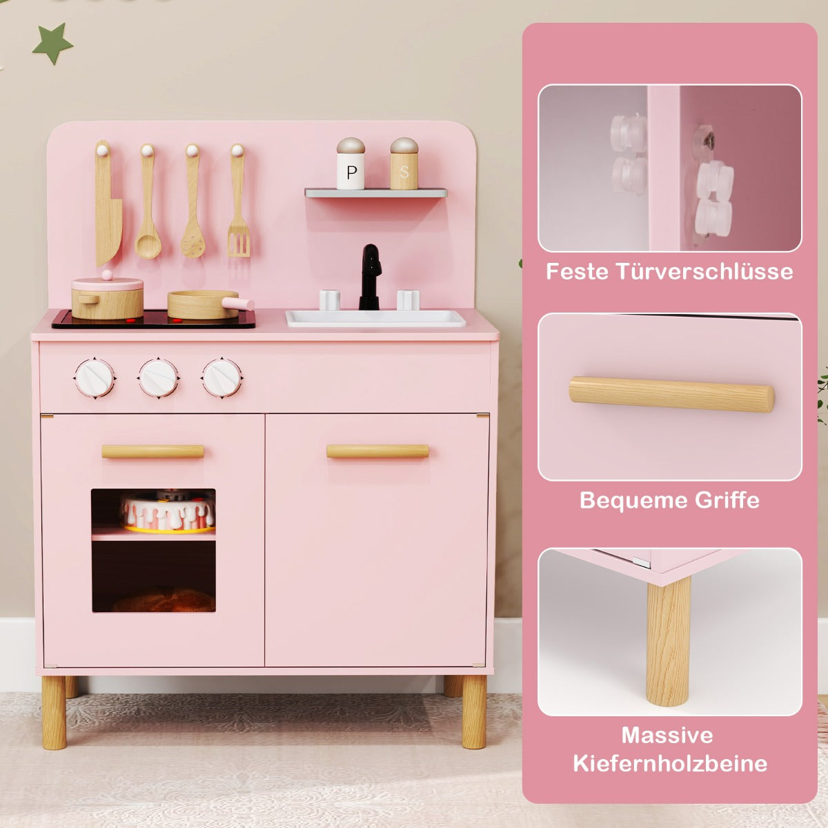Trä – barnkök med tillbehör Lek kök Ljus och Ljud Leksak – 10 – Rosa