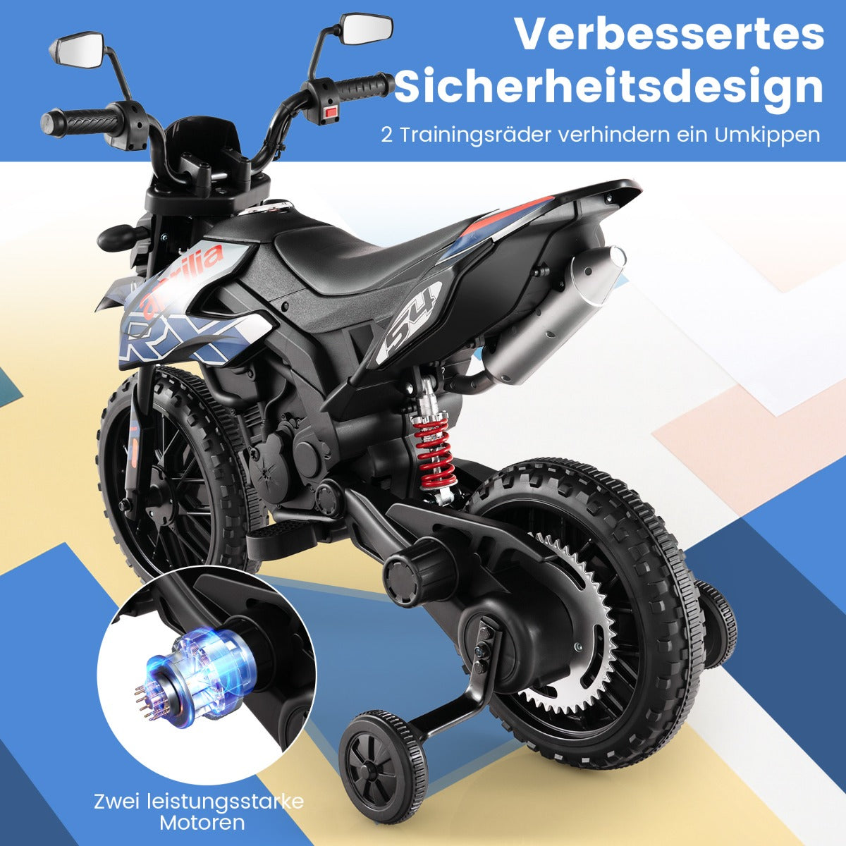 Aprilia – Elektrisk barnmotorcykel med träningshjul och musik strålkastare 12V – Blå