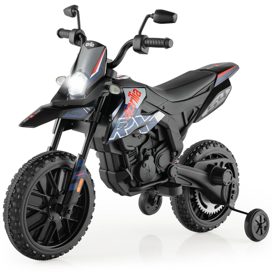 Aprilia – Elektrisk barnmotorcykel med träningshjul och musik strålkastare 12V – Blå