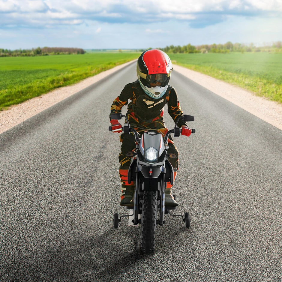 Aprilia – Elektrisk barnmotorcykel med träningshjul och musik strålkastare 12V – Blå