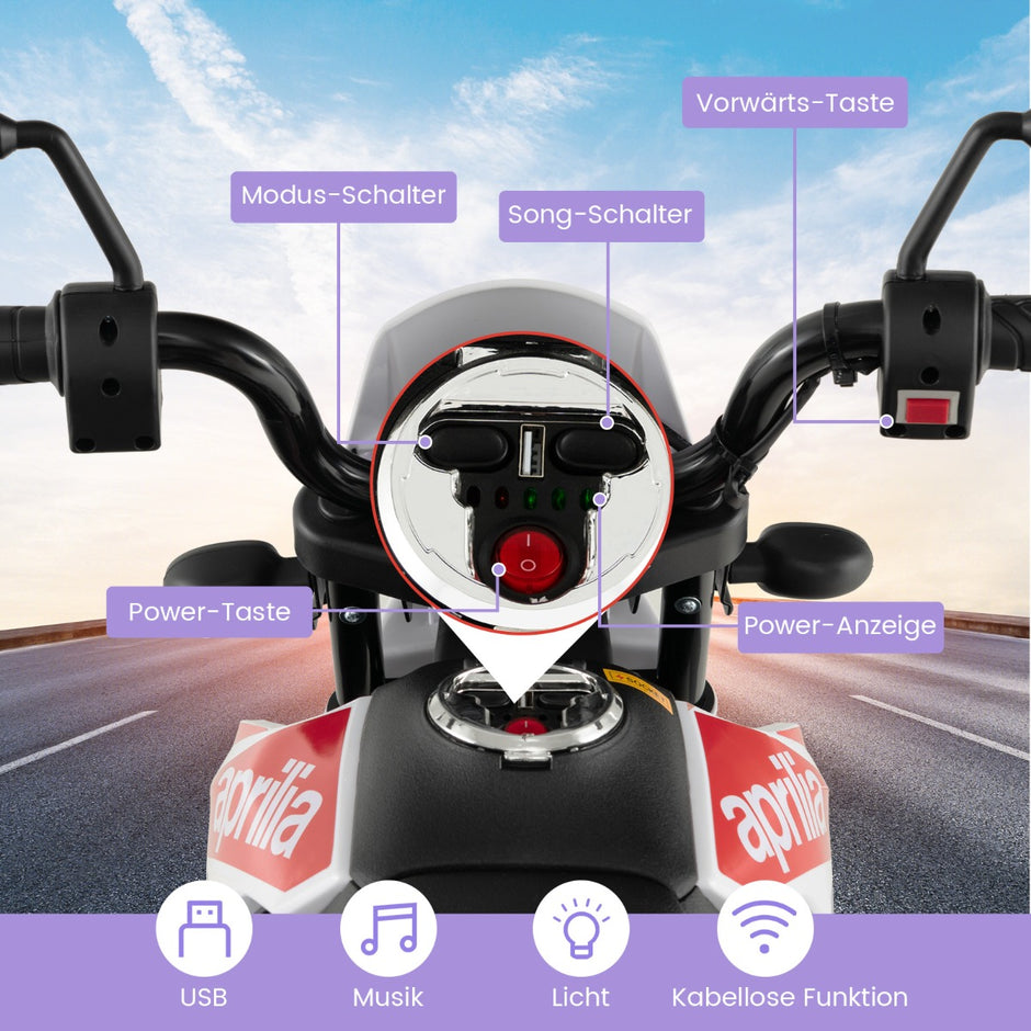 Aprilia – Elektrisk barnmotorcykel med träningshjul och musik strålkastare 12V – Vit