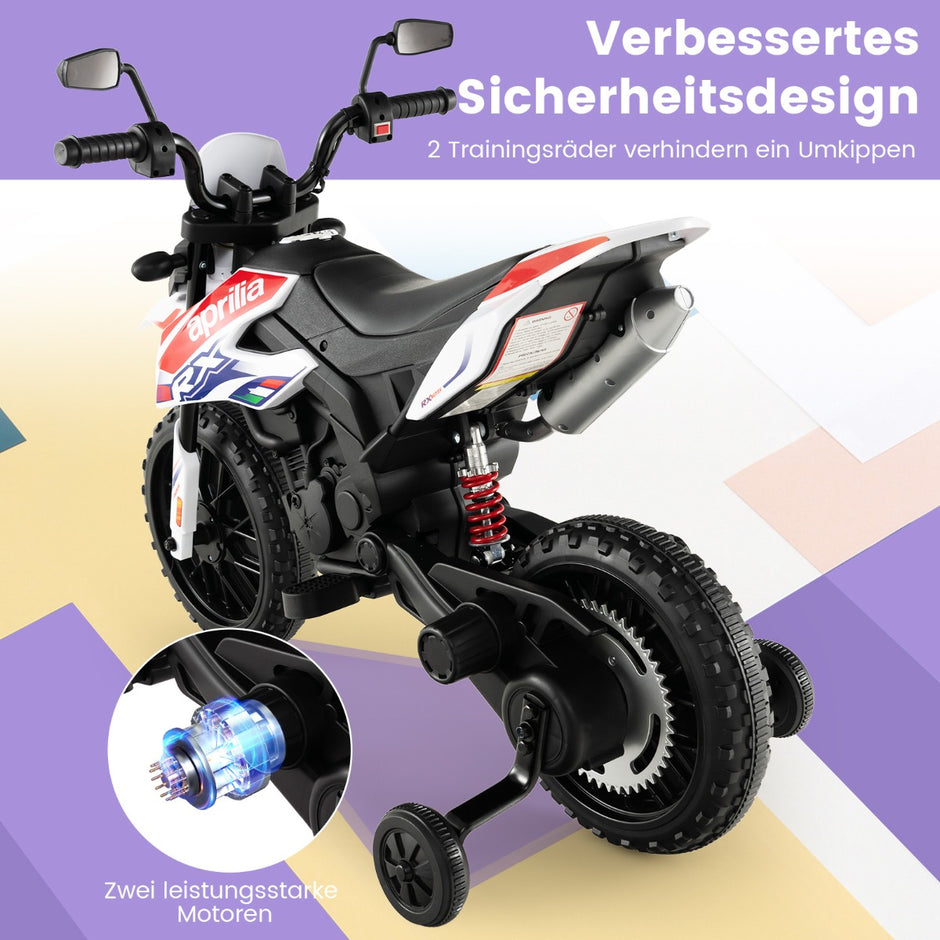 Aprilia – Elektrisk barnmotorcykel med träningshjul och musik strålkastare 12V – Vit