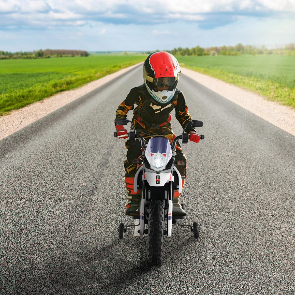 Aprilia – Elektrisk barnmotorcykel med träningshjul och musik strålkastare 12V – Vit