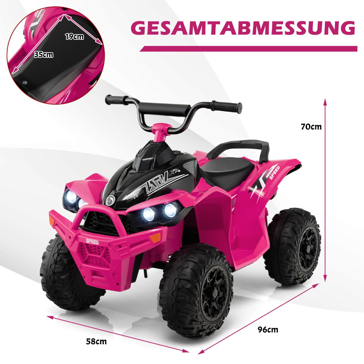 12V – elektrisk fyrhjuling för barn med km/h hastighet och signalhorn LED ljus – 3-5 – Rosa