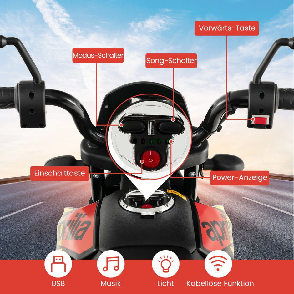 12V – barnmotorcykel med träningshjul Aprilia licensierad elmotorcykel – Svart