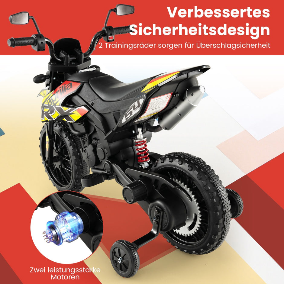 12V – barnmotorcykel med träningshjul Aprilia licensierad elmotorcykel – Svart