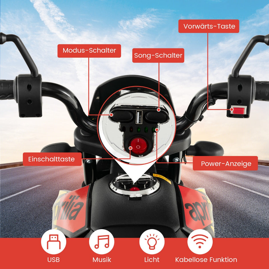 12V – barnmotorcykel med träningshjul Aprilia licensierad elmotorcykel – Röd