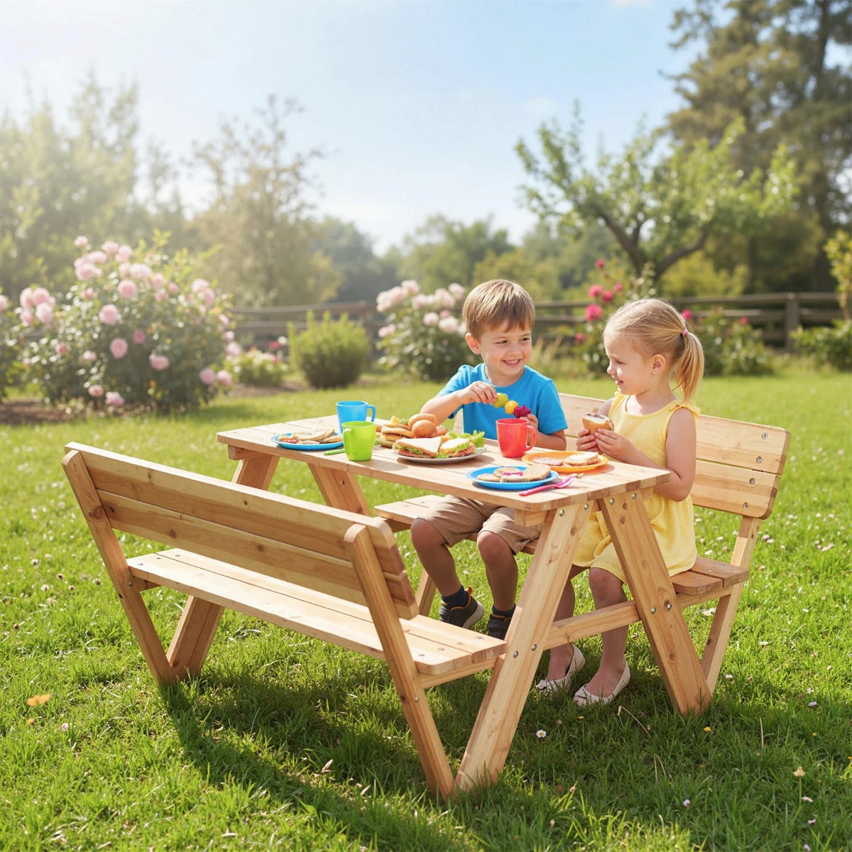 Barnpicknickbord – Utomhusbarnmöbler med och bänkar i – 2 – Natur
