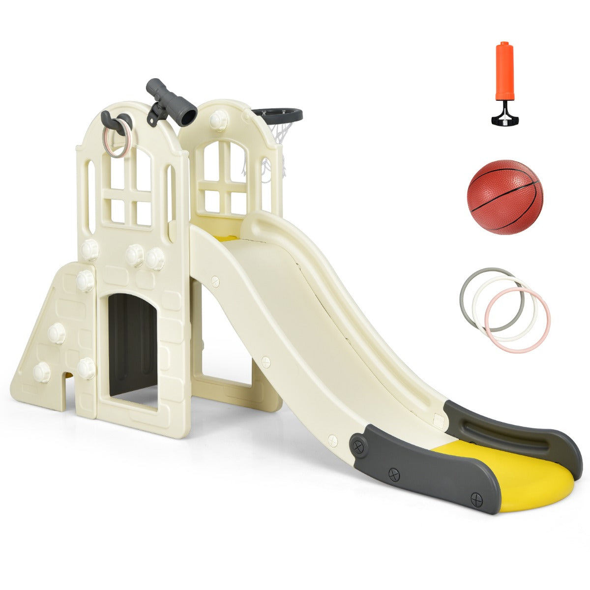 Barns – rutschkana klätterrutschbana med basketbåge Kulringkast och teleskop – 189,5 x 83 x 98 cm – Gul