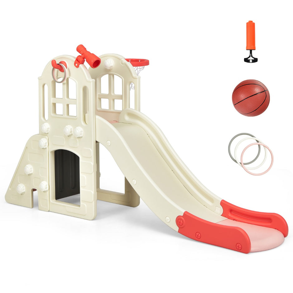 Barns – rutschkana klätterrutschbana med basketbåge Kulringkast och teleskop – 189,5 x 83 x 98 cm – Rosa