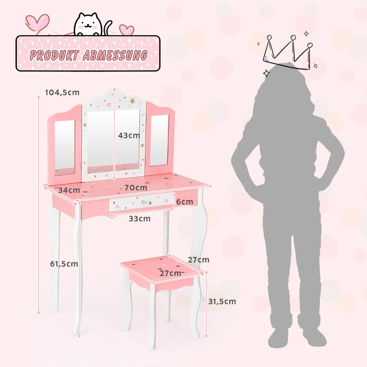 Sminkbord – för barn Princess med låda Vikbar spegel – Rosa