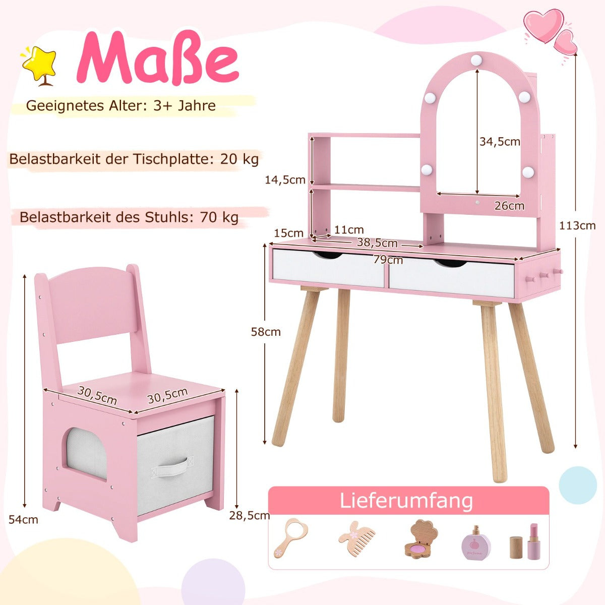 Sminkbord – och stol för barn med spegel färgsbelysning, justerbar ljusstyrka – 3 – Rosa