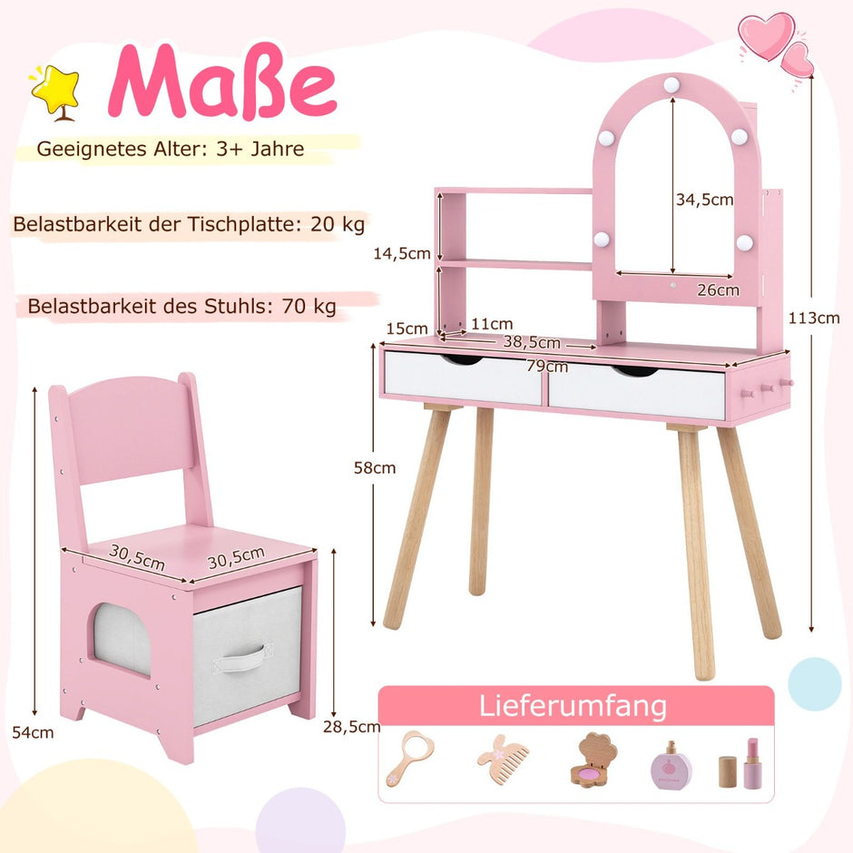 Sminkbord – och stol för barn med spegel färgsbelysning, justerbar ljusstyrka – 3 – Rosa