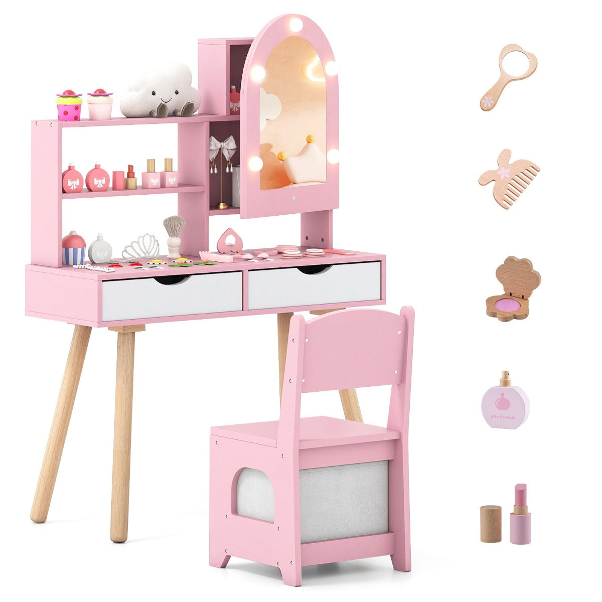 Sminkbord – och stol för barn med spegel färgsbelysning, justerbar ljusstyrka – 3 – Rosa