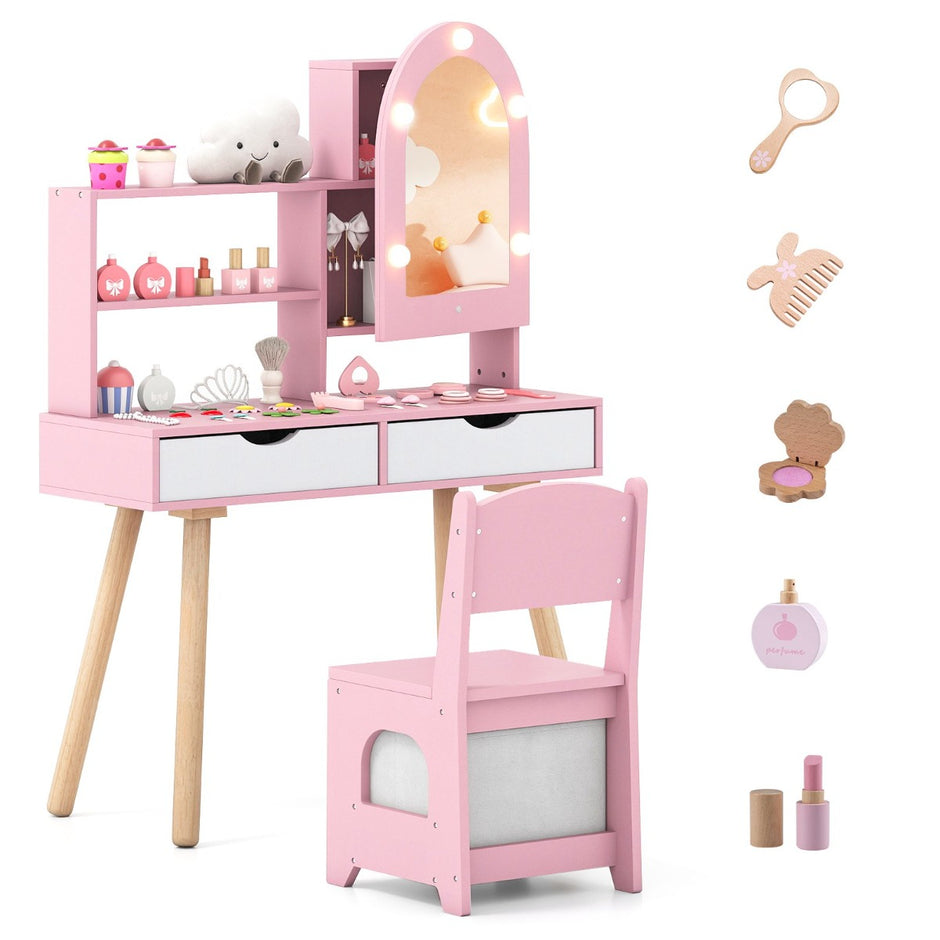 Sminkbord – och stol för barn med spegel färgsbelysning, justerbar ljusstyrka – 3 – Rosa