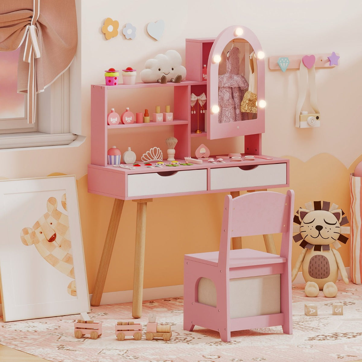 Sminkbord – och stol för barn med spegel färgsbelysning, justerbar ljusstyrka – 3 – Rosa