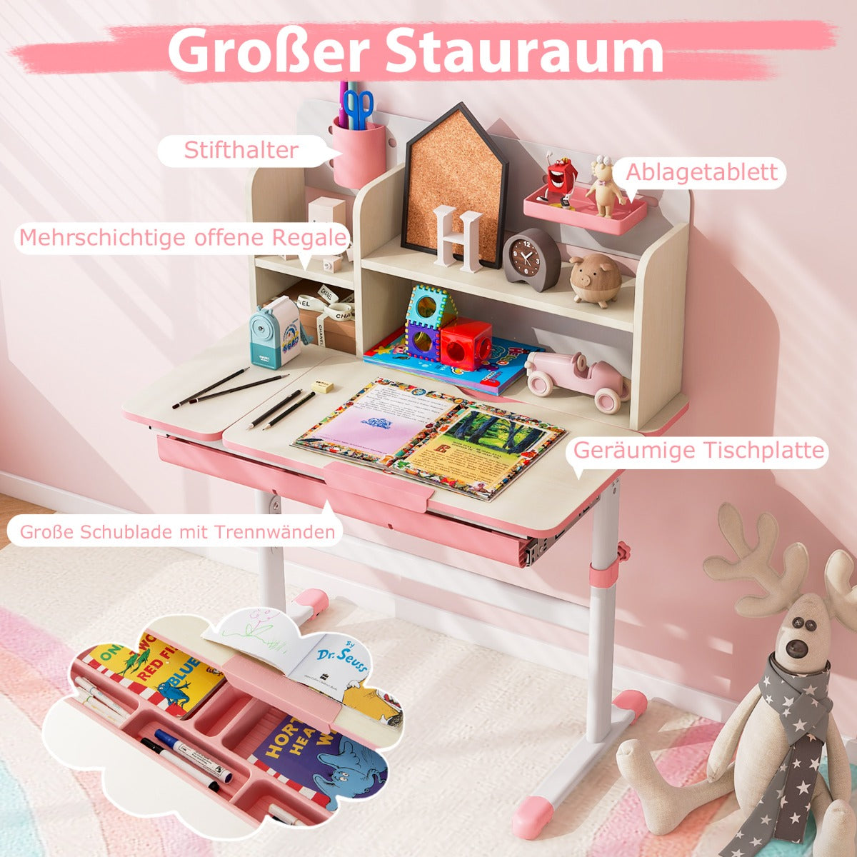 Höjdjusterbart – barnskrivbord med tippbar bordsskiva och hyllor lådor studiebord – Rosa