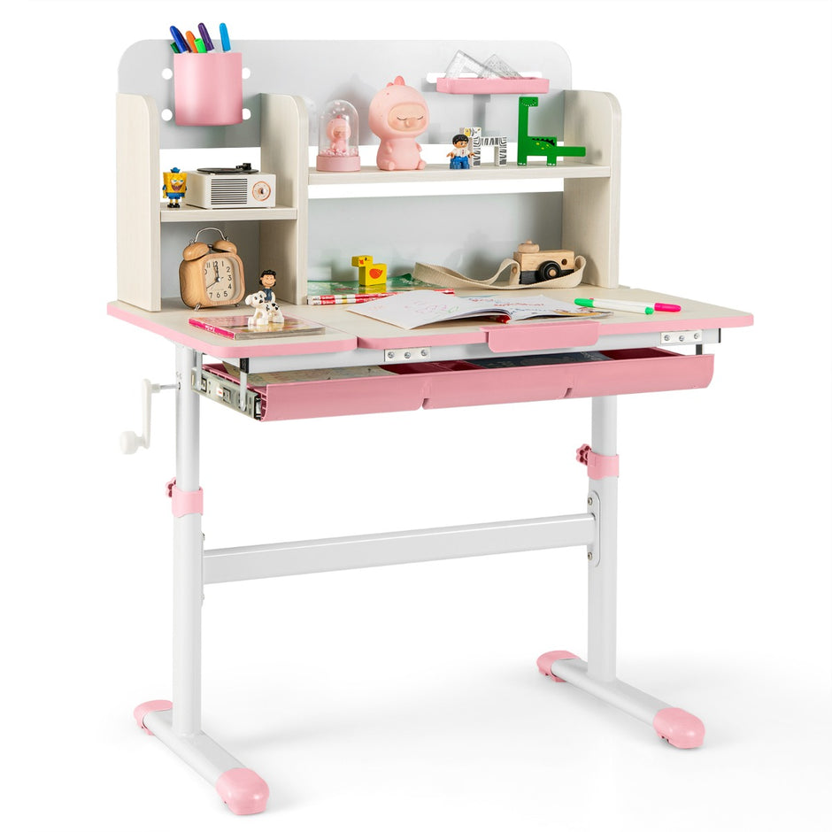 Höjdjusterbart – barnskrivbord med tippbar bordsskiva och hyllor lådor studiebord – Rosa