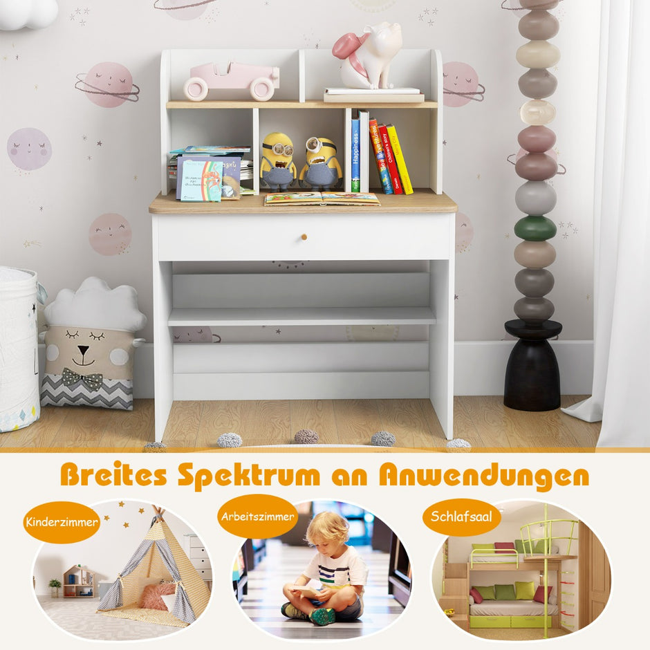 Barnbord – i trä med låda och förvaringsfack studentskrivbord vitt – Vit