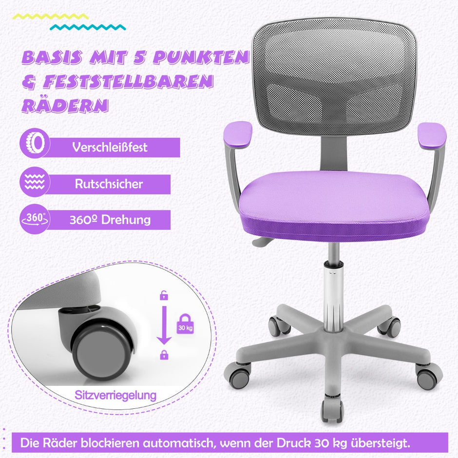 Barnbordsstol – 360° vridbar ungdomsstol Höjd Justerbar – 80-91,5 cm 54 x 50 x cm – Violett