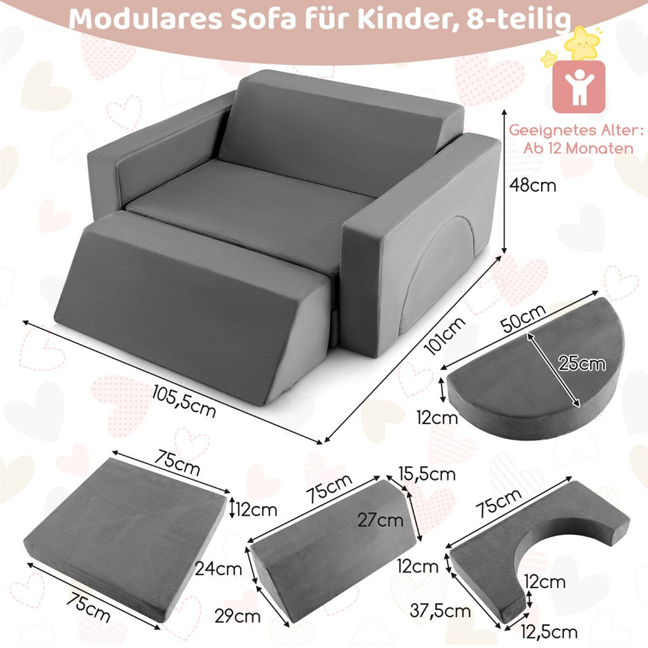 Modular – barnsoffa leksoffa Modulsoffa med avtagbart överdrag – 105,5 x 101 x 48 cm – Grå