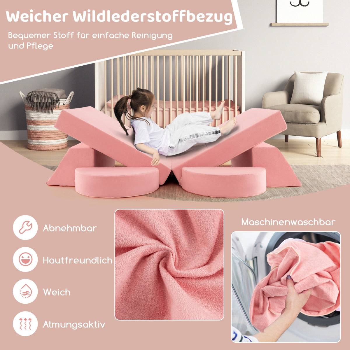 Moduluppbyggd – barnsoffa, leksoffa, modulsoffa med avtagbar klädsel – 105,5 x 101 x 48 cm – Rosa