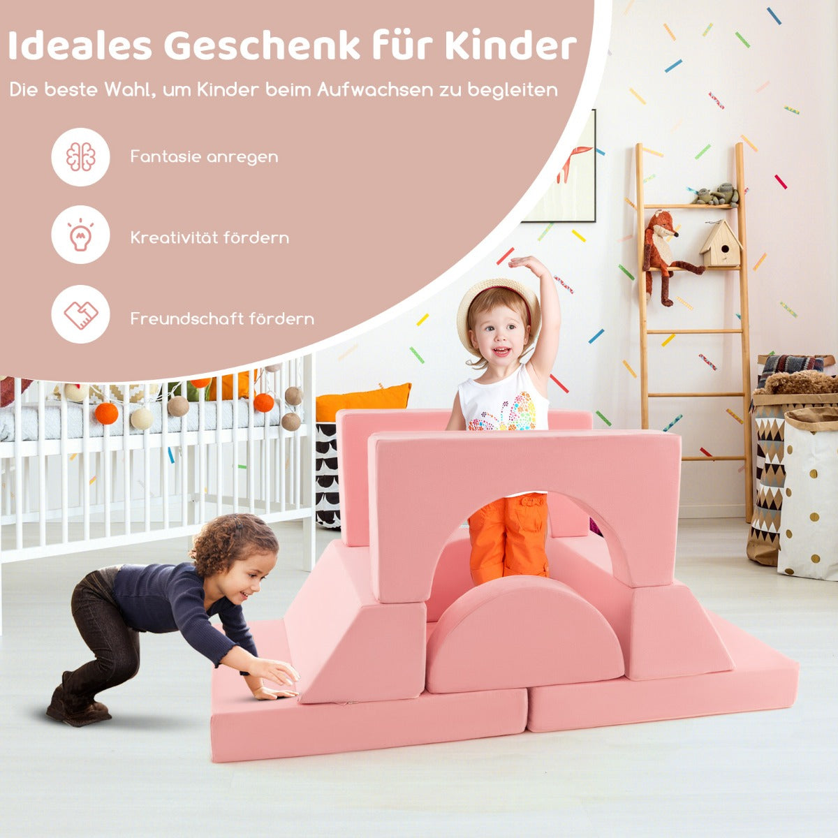 Moduluppbyggd – barnsoffa, leksoffa, modulsoffa med avtagbar klädsel – 105,5 x 101 x 48 cm – Rosa