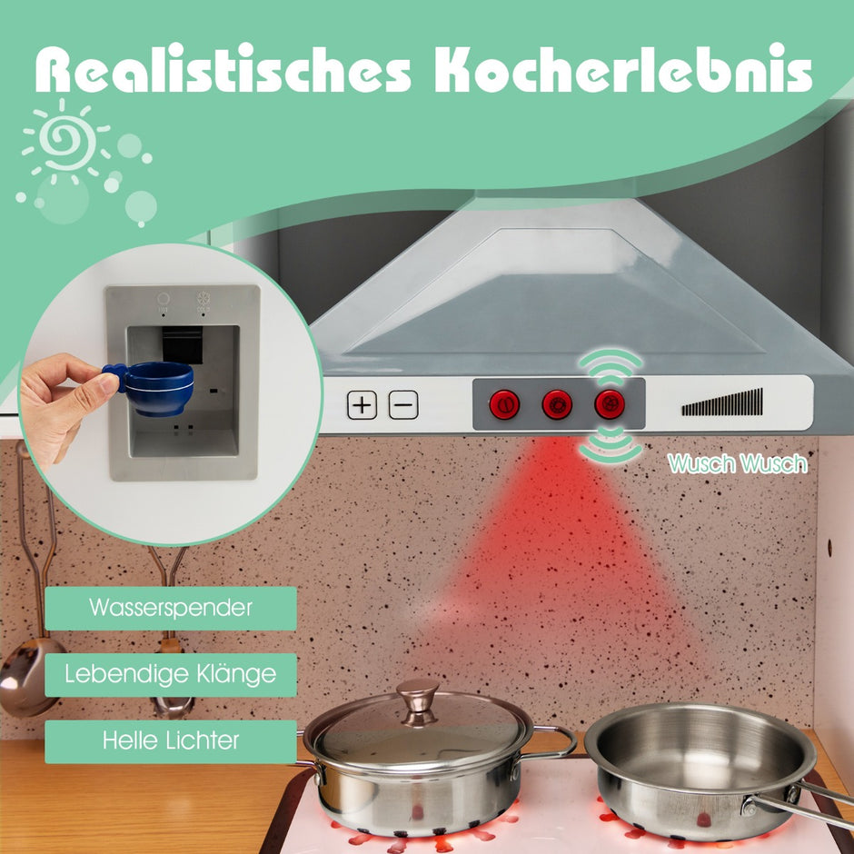 Barnköksset – Lekök med lätt pall Kaffemaskin Vattendispenser Spis – Vit