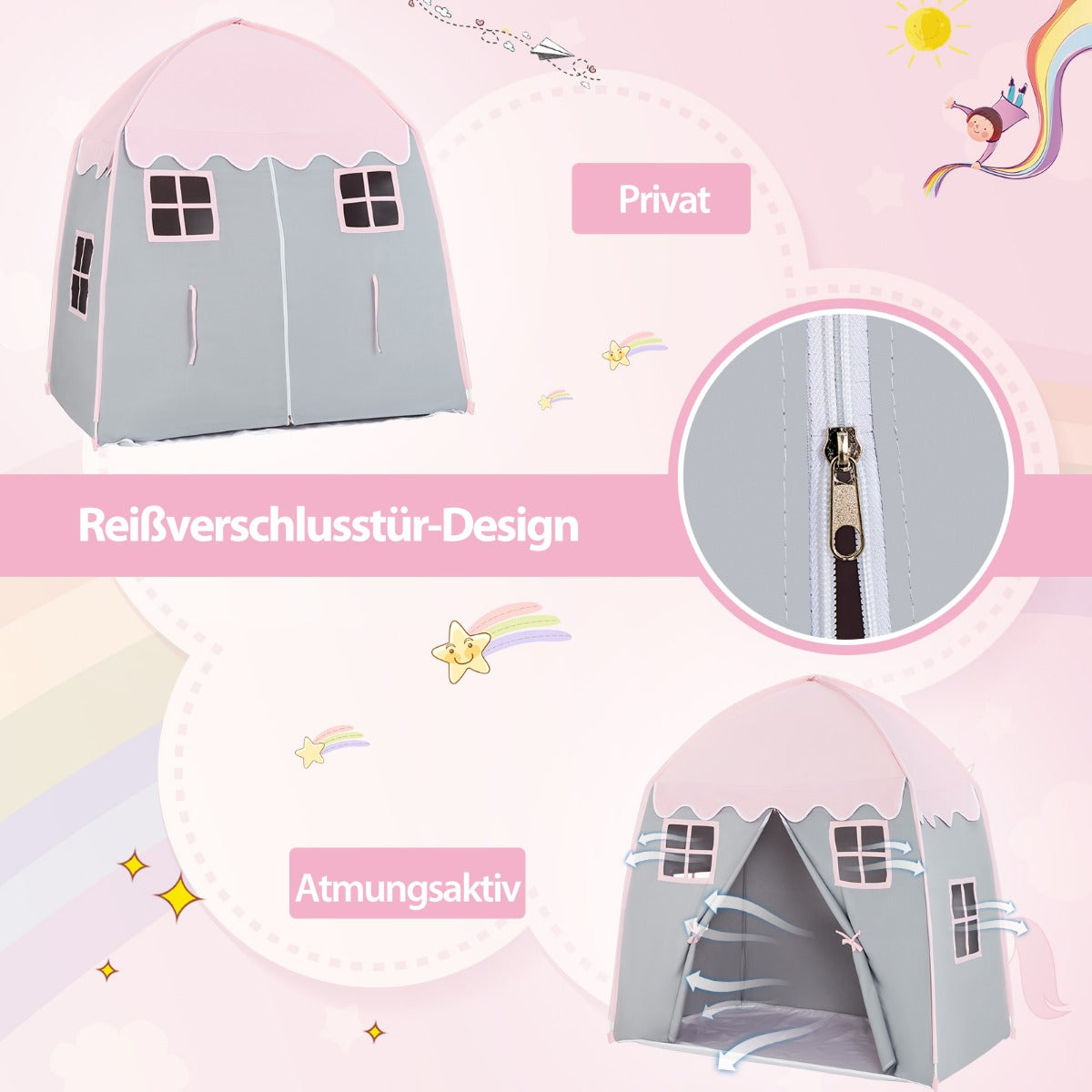 Barntält – Stort prinsesstält med bärväska Anti Slip Mat Dragkedja – Rosa