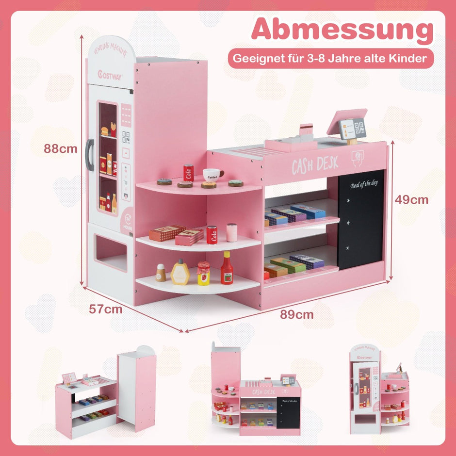 Barnens – snabbköpsset med kassaapparat, POS maskin, varuautomat och tavla – Rosa