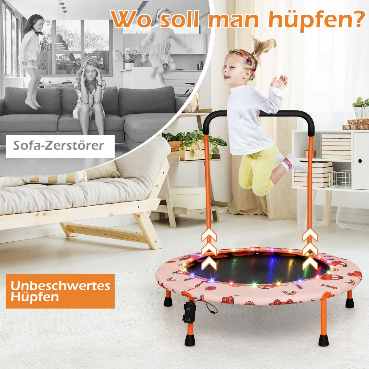 Barnstudsmatta – ministudsmatta med LED belysning ochamp; avtagbart handtag – Ø 92 cm – Orange