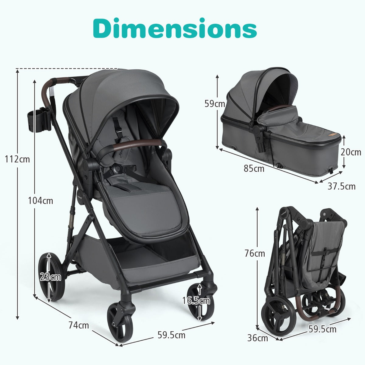 i – Vikbar Barnvagn med Vändbart Säte och Liggläge Resvagn Kombinerad – 3 1 – Grå