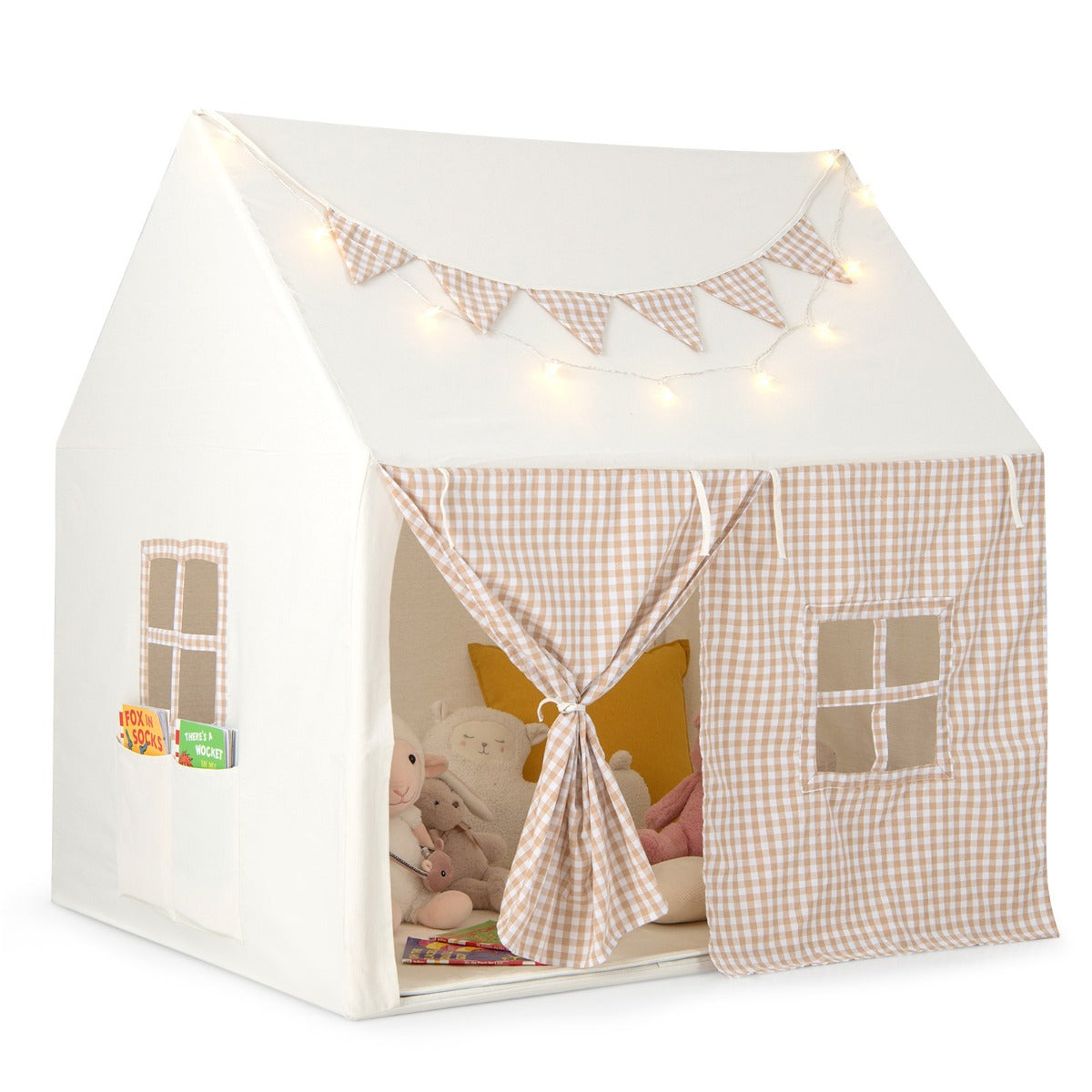Barntält – för inomhusbarn lekstuga med matta och lampor – 125 x 100 x 127 cm – Beige