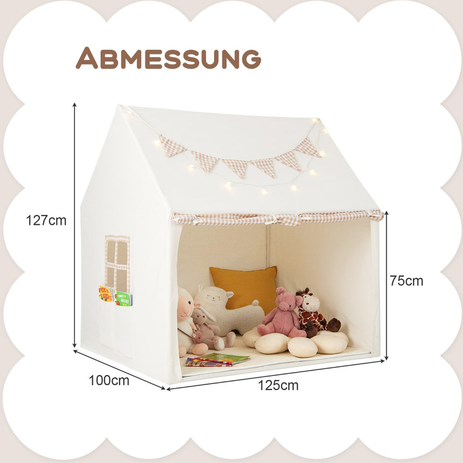 Barntält – för inomhusbarn lekstuga med matta och lampor – 125 x 100 x 127 cm – Beige