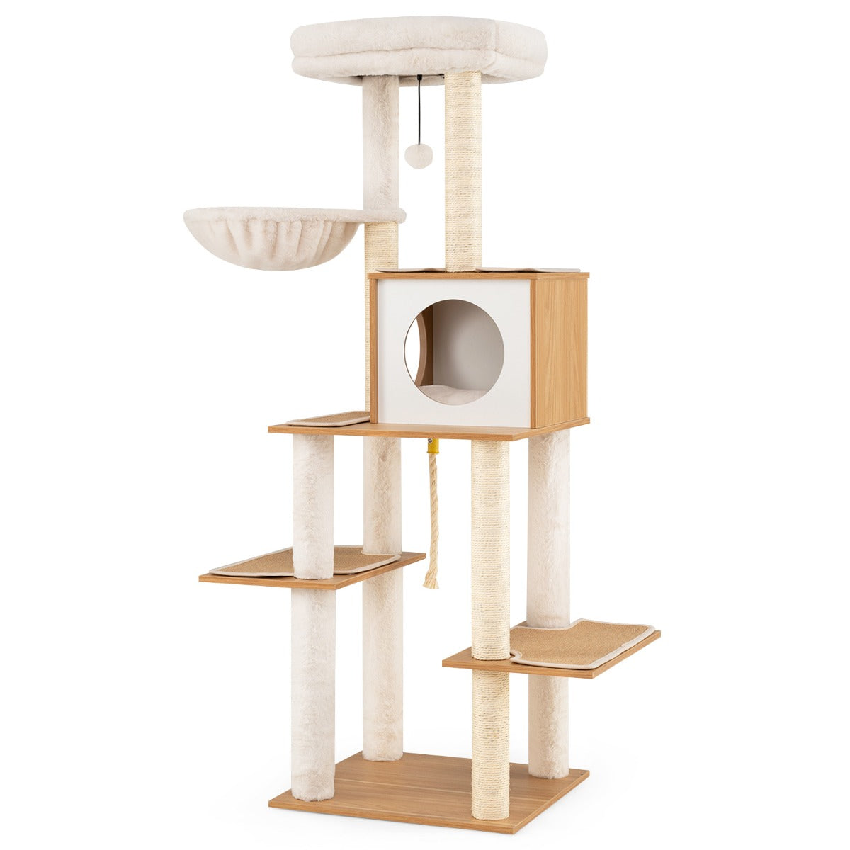 Hög – Modern Klösställ med Sisal Klöstolpe och Hus Korg Kattställ – 148 cm – Natur
