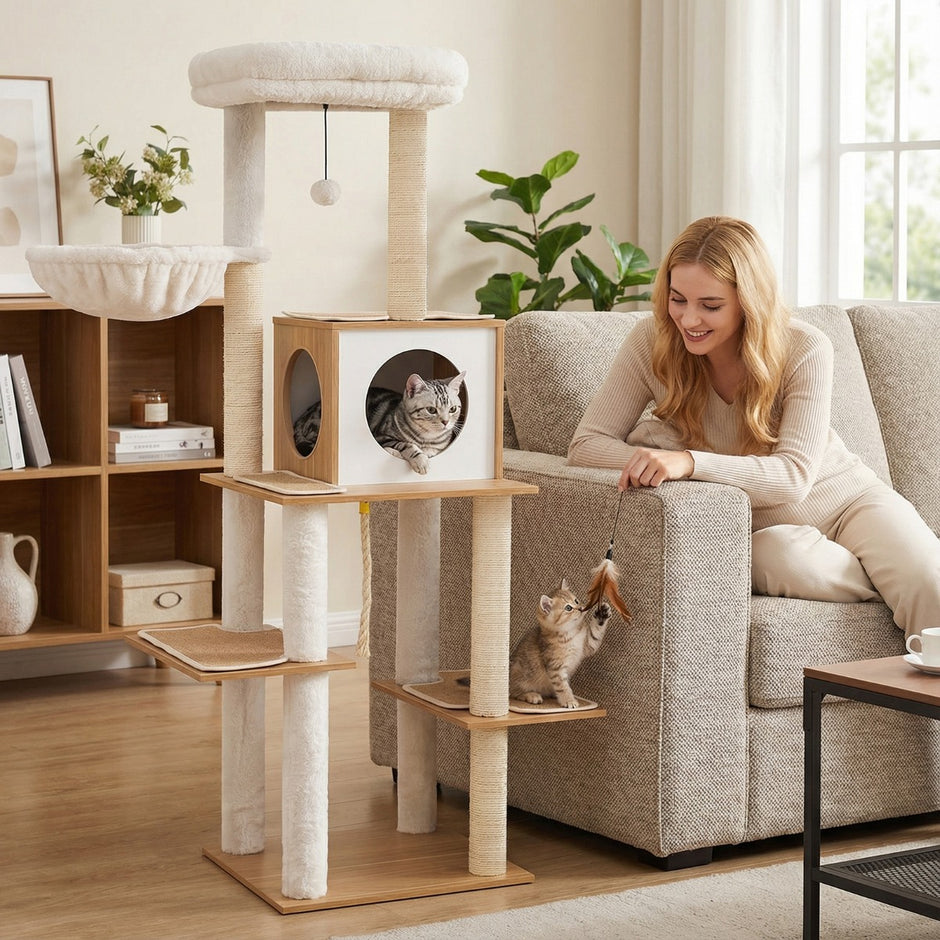Hög – Modern Klösställ med Sisal Klöstolpe och Hus Korg Kattställ – 148 cm – Natur