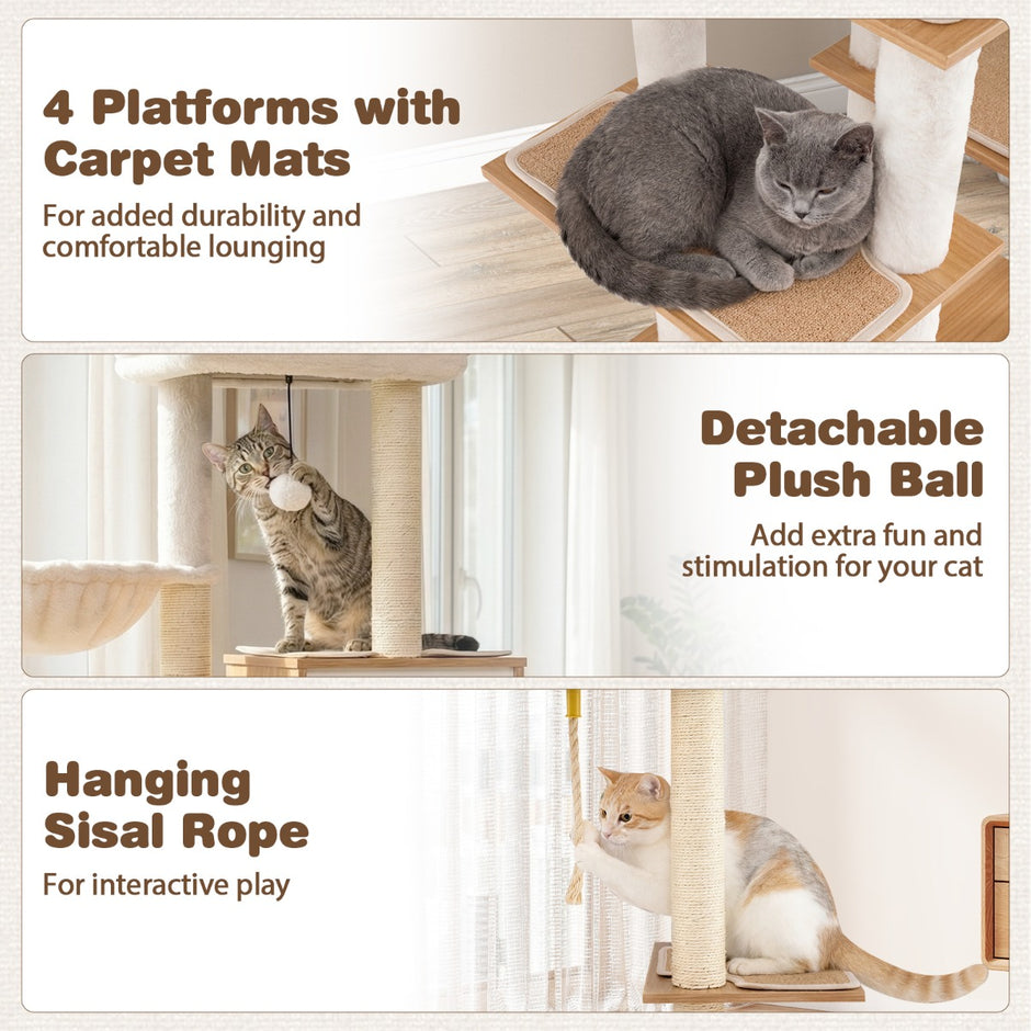 Hög – Modern Klösställ med Sisal Klöstolpe och Hus Korg Kattställ – 148 cm – Natur